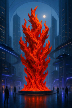 Leuchtend rote, organisch gewundene Skulptur in Flammenform auf einem futuristischen Platz, umgeben von hohen, blauen Wolkenkratzern bei Nacht mit Vollmond.