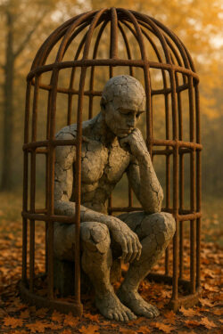 Eine bröckelnde Steinskulptur eines Menschen sitzt in nachdenklicher Haltung in einem rostigen Käfig auf einem mit Laub bedeckten Waldboden.