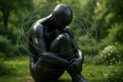 Eine schwarze, futuristische Figur sitzt zusammengekauert im Gras, umgeben von schwebenden Metallringen, inmitten eines grünen Parks.