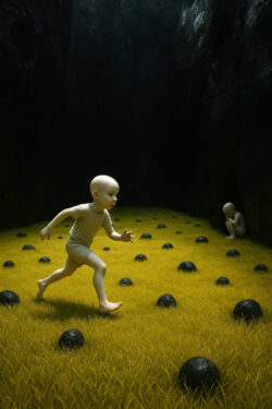 Ein kahler Junge rennt durch gelbes Gras, übersät mit schwarzen Kugeln, während ein weiteres Kind verängstigt in der Ecke hockt – düstere, klaustrophobische Umgebung.