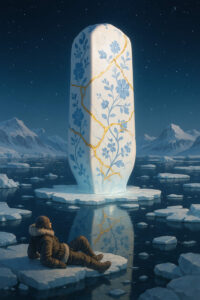 Ein riesiger, porzellanartiger Monolith mit blauen Blumenmustern und goldenen Kintsugi-Rissen ragt aus einer Eisscholle. Ein Mann in Winterkleidung liegt staunend davor. Die Szene ist poetisch und surreal.