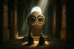 Zwei vermummte Gestalten knien vor einer steinernen Statue mit großen, augenähnlichen Kreisen. Sonnenstrahlen dringen durch den Eingang eines alten Tempels und beleuchten mystische Wandzeichen.
