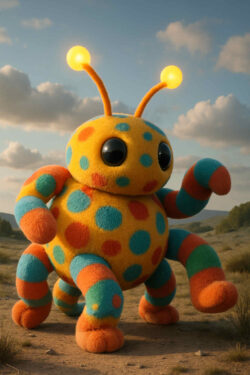 Ein bunt gepunktetes, plüschiges Fantasiewesen mit leuchtenden Fühlern steht in einer offenen Landschaft. Die Figur wirkt freundlich und neugierig – wie aus einem Kindertraum entsprungen.