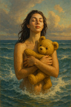 Eine Frau steht mit geschlossenen Augen im Meer und umklammert einen Teddybär. Die Szene verbindet realistisches Malen mit surrealer Symbolik von Geborgenheit und Erinnerung.