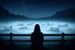 Eine Person sitzt an einem Holzzaun und blickt auf ein nebliges Feld, in dem verstreut scheinbar leere Bettgestelle stehen. Der Himmel ist klar mit funkelnden Sternen.