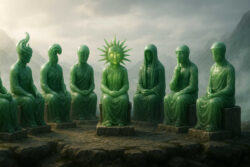 Acht jadegrüne Skulpturen in menschlicher Gestalt sitzen im Kreis auf einem Plateau, eine davon mit strahlenartiger Krone, während Nebel durch die Berge zieht.