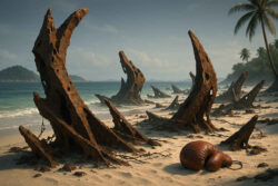 Eine surreale Strandlandschaft mit bizarren, rostigen Metallstrukturen, die aus dem Sand ragen, und einem alten Boxhandschuh im Vordergrund.