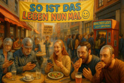 Menschen sitzen und essen in einer Fußgängerzone, während sie Masken mit Worten wie „GEWALT“, „MANIPULATION“, „LÜGE“ tragen. Ein Transparent über der Straße sagt: „SO IST DAS LEBEN NUN MAL :)“. Ein Junge hält ein Schild mit der Frage: „Warum tut ihr nichts?“. Im Hintergrund steht ein Automat mit der Aufschrift: „Realitätsflucht – jetzt drucken!“