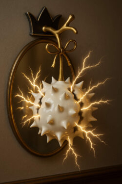 Eine weiße, stachelige Porzellankugel hängt vor einem Spiegel an einem goldenen Haken mit Krone, während aus ihr goldene Blitze hervorbrechen. Die Szene wirkt elektrisch und dekorativ zugleich.