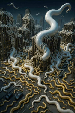 Riesige weiße und goldene wurmartige Tentakel winden sich durch eine nächtliche Großstadt und überziehen Gebäude und Straßen in surrealer Überfülle.