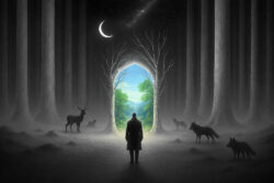 Ein schwarz-weißes Bild zeigt eine in Nebel gehüllte Waldlandschaft mit hohen, düsteren Baumstämmen. Im Vordergrund steht eine menschliche Gestalt in dunklem Mantel, umgeben von stillen Tieren wie Hirschen und Wölfen. Vor ihr öffnet sich ein leuchtendes Tor aus zwei kahlen Bäumen. Dahinter liegt eine farbige, friedliche Landschaft mit grünem Wald, blauen Hügeln und hellem Himmel – ein kraftvoller Kontrast zur dunklen Umgebung.