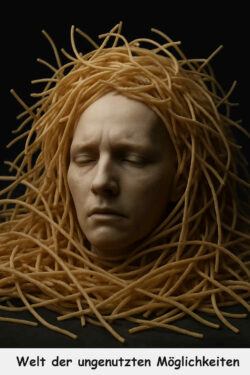 Menschenkopf mit geschlossenen Augen, eingehüllt in ein Knäuel aus Spaghetti-artigen Strängen, vor schwarzem Hintergrund. Unten steht der Text: „Welt der ungenutzten Möglichkeiten“.