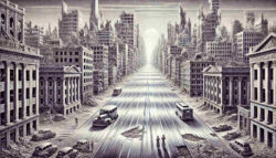 Schwarz-weißes Bild einer postapokalyptischen Großstadt mit zerstörten Hochhäusern, klassizistischen Gebäudefassaden und alten Autos auf einer endlos wirkenden Straße, die in ein gleißendes Licht führt.