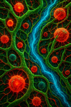 Leuchtend rote Zellen sind in ein Netz aus grünen Fasern eingebettet, durchzogen von einem gleißend blauen Strom – wie eine kosmische Nahaufnahme von Leben und Energie.