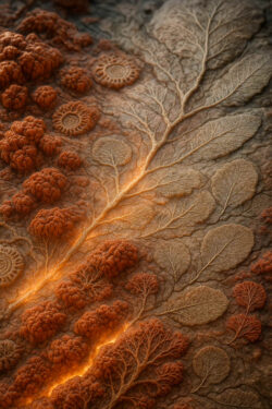 Eine Felsfläche mit filigranen Blattmustern und versteinerten Strukturen. Zwischen den Formen leuchten goldene Risse wie flüssiges Licht. Ein Bild zwischen fossiler Erinnerung und organischem Leben.