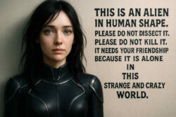 Eine junge Frau mit blassem Gesicht und klaren blauen Augen steht in schwarzer, futuristischer Kleidung vor einer Wand. Daneben ein Text in Englisch, der die Betrachter bittet, das Wesen – ein Alien in Menschengestalt – nicht zu verletzen, sondern ihm Freundschaft zu schenken.