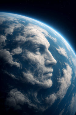 Wolken formen ein menschliches Gesicht, das über die Erde wacht. Der Blick ist ernst und voller Geheimnis, als sei der Planet selbst lebendig. Himmel und Welt verbinden sich in einer poetischen Geste der Einheit.