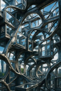 Ein komplexes Geflecht aus metallisch glänzenden Strukturen und offenen Fenstern. Dazwischen spiegeln sich Himmel und Wolken. Die Konstruktion wirkt wie ein Labyrinth aus Glas und Stahl – futuristisch und zugleich surreal.