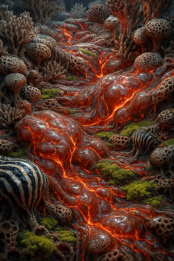 Lava strömt durch ein organisches Gelände, als würde die Erde selbst atmen. Blasenartige Formen und pilzähnliche Strukturen ragen aus der Masse. Moose und Pflanzenreste liegen am Rand. Alles wirkt lebendig, als verschmelze Natur mit Feuer.
