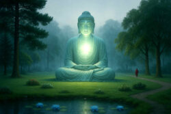Eine monumentale Buddha-Statue sitzt in einem stillen, nebligen Wald. Aus ihrer Brust strahlt ein sanftes, grünliches Licht, das den umliegenden Garten und den Teich mit blauen Lotusblüten in eine friedvolle Atmosphäre taucht, während ein Mönch auf einem gewundenen Pfad vorbeigeht.