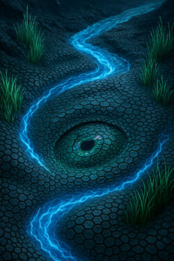 Ein leuchtender, blauer Fluss schlängelt sich über schuppiges, hexagonales Gestein. Inmitten der Oberfläche öffnet sich ein riesiges, reptilienhaftes Auge. Hohe Gräser wachsen zwischen den Rissen und verstärken die geheimnisvolle Stimmung.