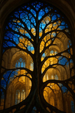 Ein riesiges Kirchenfenster aus Buntglas zeigt die Silhouette eines Baumes. Blaue und goldene Glasflächen leuchten wie Himmel und Sonne hinter den Verästelungen. Die Kombination von Naturform und sakraler Architektur wirkt erhaben und mystisch.