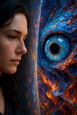 Eine Frau blickt ernst in das gigantische, blaue Auge eines fremdartigen Wesens. Zwischen ihnen scheint eine unsichtbare Grenze aus Feuer und Wasser zu liegen. Die Szene wirkt zugleich intim und kosmisch – ein Blick in das Fremde.