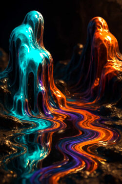 Zwei formlos fließende Gestalten aus glänzendem Blau und Orange stehen einander gegenüber. Ihre Körper scheinen aus flüssigem Licht geformt. Zwischen ihnen windet sich ein bunt schimmernder Strom wie eine Brücke des Dialogs.