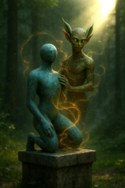 Gesichtslose Statue auf einem Sockel kniet im Wald, während ein elfenhaftes Wesen mit grünen Augen und goldenen Lichtfäden daneben erscheint.