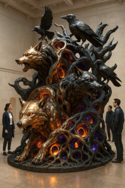 Eine monumentale Skulptur zeigt drei Wolfs-Köpfe, aus dunklem Geäst geformt. Ihre Augen glühen bedrohlich, während Raben über ihnen thronen. Menschen stehen staunend vor diesem mythologischen Werk.