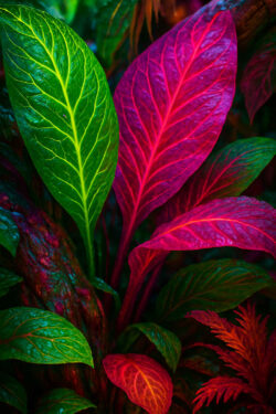 Leuchtende Blätter in Rot und Grün strahlen wie Edelsteine im Dschungel. Ihre Adern scheinen von innen heraus zu leuchten. Ein Kontrast von Farben, der an ein Gespräch zwischen zwei Welten erinnert.