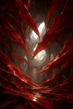 Spitze rote Adern durchziehen eine höhlenartige Halle, deren Bogen sich wie ein gotisches Gewölbe öffnen. Licht fällt von oben herein und verstärkt die bedrohlich-schöne Atmosphäre. Ein Raum, der wie aus Fleisch und Stein zugleich geschaffen wirkt.