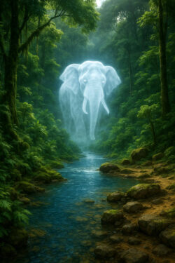 Ein dichter Urwald mit einem klaren Fluss, über dem die geisterhafte Gestalt eines Elefanten schwebt. Das Tier erscheint aus weißem Nebel geformt und scheint ein spiritueller Wächter der Natur zu sein. Eine Szene voller Magie und Ruhe.
