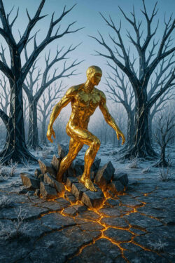 Eine goldene, menschliche Gestalt steigt aus aufbrechendem Fels hervor, während ein winterlicher Wald mit schwarzen, kahlen Bäumen sie umgibt – ein Symbol für Erhebung und Transformation.
