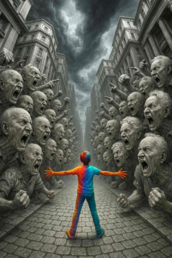 Ein junger Mensch in bunten Farben steht mit ausgebreiteten Armen in einer grauen Straße. Links und rechts reihen sich wütende, steinerne Gesichter, die schreien und drohen. Am Himmel türmen sich dunkle Wolken, die Bedrohung unterstreichen.