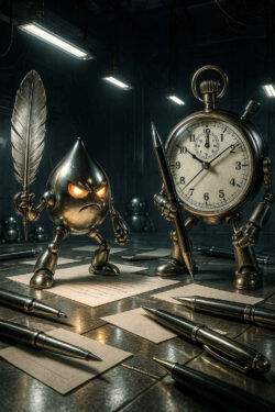 Ein Tropfenwesen mit glühenden Augen trägt eine Feder wie ein Schwert. Daneben ein Uhrmännchen mit Stoppuhr-Gesicht, bewaffnet mit einem Füller. Sie stehen zwischen Blättern und verstreuten Stiften, bereit zum Duell.