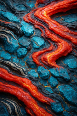 Glühend rote Lava zieht sich wie Adern durch blaues und schwarzes Gestein. Die Oberfläche wirkt organisch, fast lebendig, als sei sie Haut einer anderen Welt. Hitze und Farbe verschmelzen zu einem pulsierenden Muster.