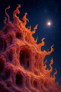 Ein bizarr verformtes, rötlich leuchtendes Bauwerk wächst wie eine Flamme in den Sternenhimmel. Seine Strukturen erinnern an Korallen und Kathedralen zugleich. Am Horizont strahlt ein heller Planet wie ein Wächter des Kosmos.