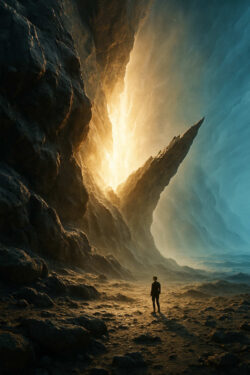 Ein einzelner Mensch steht vor einem Felsen, aus dem goldenes Licht hervorbricht. Rechts türmen sich blaue Wände, die wie erstarrte Wellen wirken. Die Szene ist eine stille Offenbarung, ein Tor zu etwas Höherem.