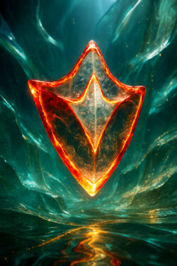 Ein leuchtendes, rotgoldenes Schild schwebt über einem türkisfarbenen Wasserstrom. Seine glühenden Kanten erinnern an geschmolzenes Metall, das Energie verströmt. Die Umgebung wirkt wie eine Mischung aus Ozean und kosmischem Raum.