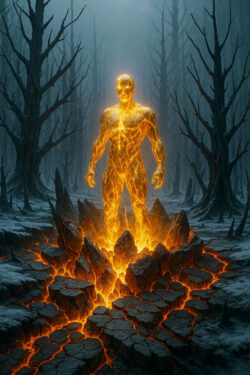 Ein glühender, menschenförmiger Körper erhebt sich aus aufgebrochenem Gestein, umgeben von einem frostigen Wald. Seine Haut scheint aus fließender Lava zu bestehen – ein Bild zwischen Geburt und Katastrophe.