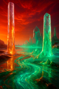 Eine surreale Landschaft mit leuchtenden Flussschwaden, die zwischen hohen, glänzenden Kristallsäulen strömen. Der Himmel brennt in Rot und Orange, während die Szenerie an ein fremdes, unwirkliches Reich erinnert.