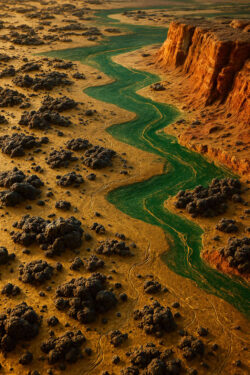 Eine leuchtend grüne Flussschlange windet sich durch eine trockene, gelbbraune Landschaft mit roten Klippen und dunklen Gesteinsbrocken.