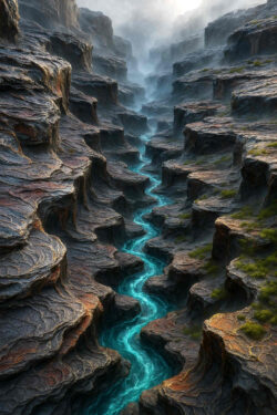 Ein smaragdblauer Fluss schlängelt sich durch ein Labyrinth aus schroffen Felsen. Die Schluchten wirken wie Treppen, die ins Unendliche führen. Nebel umhüllt die Ferne und verleiht der Szenerie ein geheimnisvolles Leuchten.