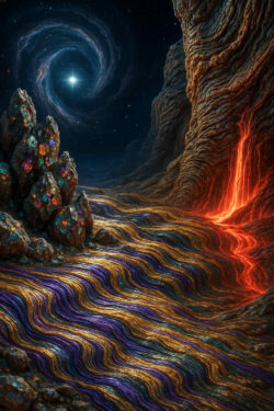 Eine Landschaft aus kristallartigen Felsen und flüssigem, farbig schimmerndem Strom entfaltet sich unter einem sternklaren Nachthimmel. Eine Spiralgalaxie mit hellem Zentrum zieht den Blick in die Ferne. Rotglühende Lava bricht seitlich aus der Felswand hervor.