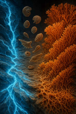 Alte Muscheln und fossile Formen schweben zwischen einer blauen Risslinie und einem Korallenwald. Links zieht sich ein gleißender Energiestrom durch den Stein. Rechts leuchtet das warme Orange der Korallen.