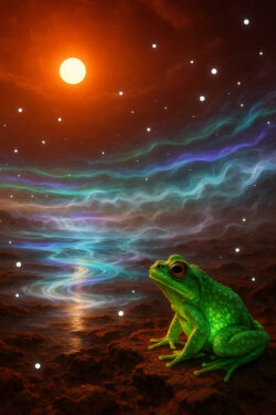 Ein leuchtend grüner Frosch sitzt auf dunklem Felsboden. Am Himmel erstrahlt eine rote Sonne, während bunte Nebelströme den Horizont durchziehen. Weiße Punkte schweben wie funkelnde Sterne im Raum.