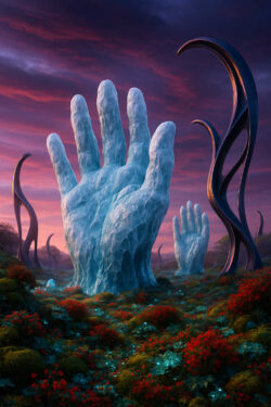 Mehrere gigantische Hände aus Eis ragen aus einer blühenden Wiese empor. Zwischen roten Blumen und leuchtenden Pflanzen wachsen gebogene, metallartige Gebilde. Ein violetter Abendhimmel verstärkt die surreale Stimmung.