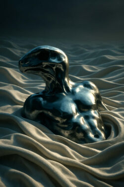 Ein glänzender, humanoider Körper aus flüssig wirkendem Metall taucht aus wellenartigen Sandstrukturen auf. Kopf und Brust erinnern an eine Skulptur, halb organisch, halb künstlich. Die Szene wirkt wie ein Moment der Geburt in einer fremden Welt.