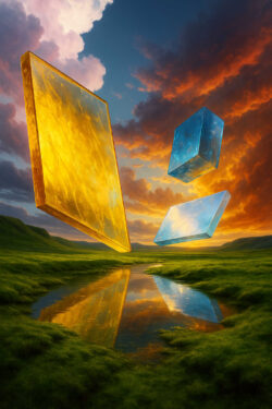Schwebende geometrische Körper aus Gold und Blau reflektieren den dramatisch leuchtenden Sonnenuntergang. Unter ihnen spiegelt ein Fluss die Formen wie ein Tor in eine andere Welt. Das Bild verbindet Landschaft mit surrealer Abstraktion.